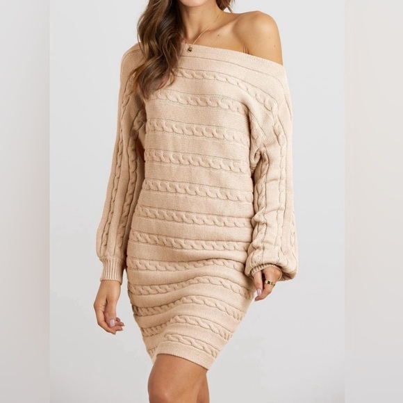 NWOT Cable Knit Beige Off Shoulder Long Sleeve Sweater Dress - Picture 2 of 4